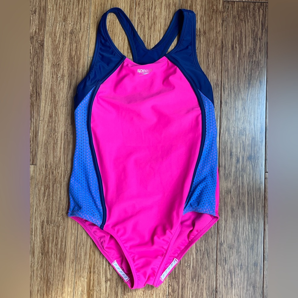 Speedo One Piece Girls Bathing Suit Size 14 Navy Pink Swimsuit For Kids
